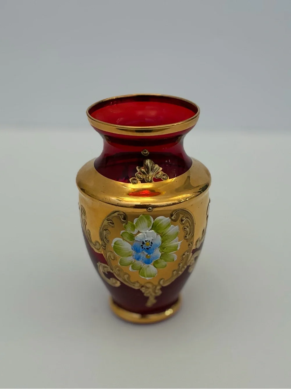 Vintage Murano Ruby Red Glass Vase Floral Design Gold Trim 4.5”